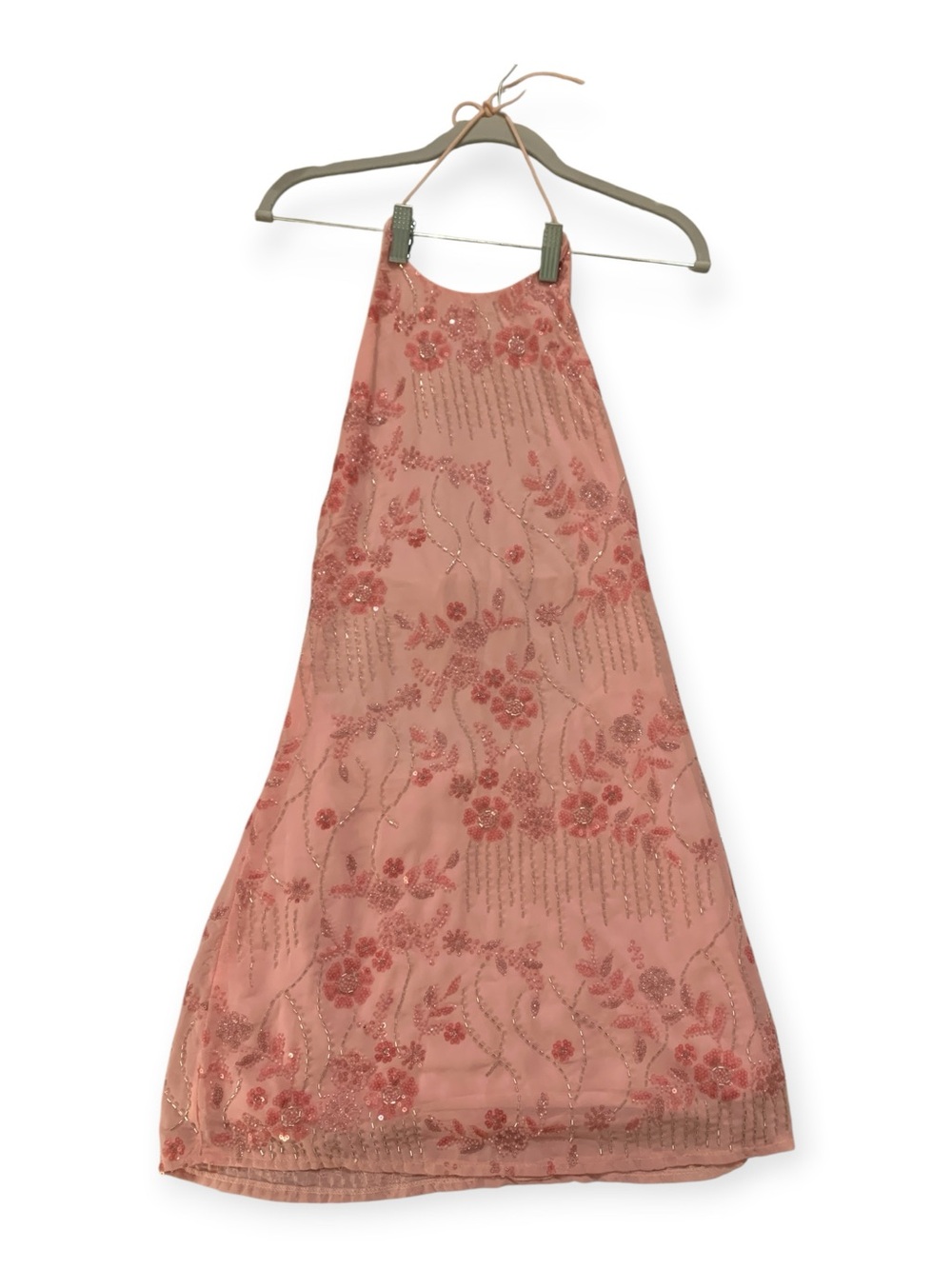 Pink Floral Sequin Halter Mini Dress